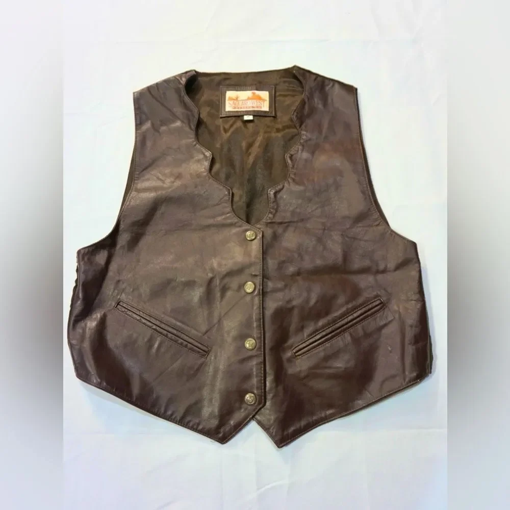 Vintage Saguaro West Brown Leather Vest Medium Western Cowboy Biker Cowboycore